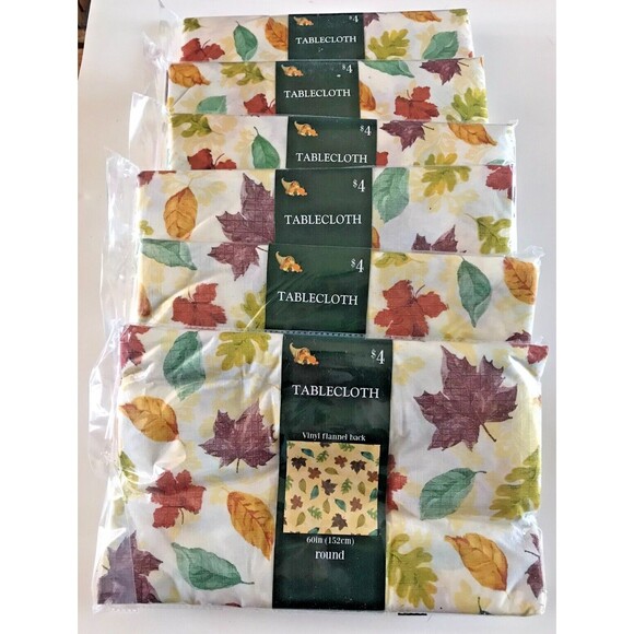 New Autumn Harvest Leaves Tablecloth Lot of 6 Vinyl 60" Round Thanksgiving Fall - Picture 1 of 7